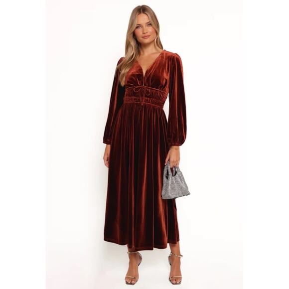 Petal & Pup Dresses & Skirts - Petal + Pup Cece Rust Orange Velvet Long Sleeve Maxi Dress Boho Womens Small